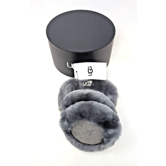 New UGG Shearling Suede Sheepskin Earmuffs Gray Plush Lining Winter Accessory - Picture 1 of 5